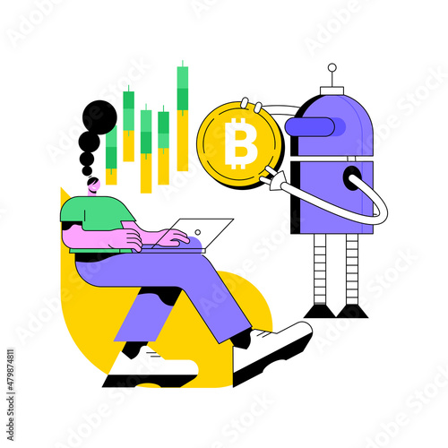 Crypto trading bot abstract concept vector illustration. Automated AI tradings, best bitcoin trading bot analyze cryptocurrency market data, financial exchange, earning profit abstract metaphor.