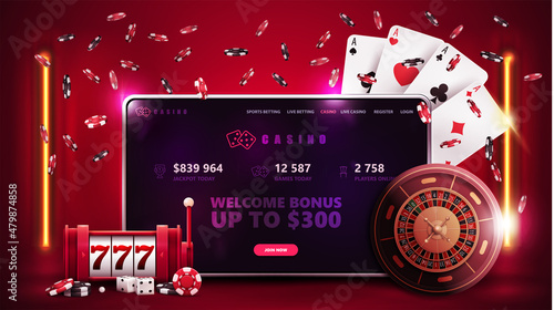 Online casino, red banner with tablet, slot machine, Casino Roulette, poker chips and playing cards in red scene with orange vertical lamps