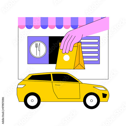 Drive-in restaurant abstract concept vector illustration. Drive-through cafe, virus-safe drive-in services, social isolated facilities, no-contact pick up, take away order abstract metaphor.