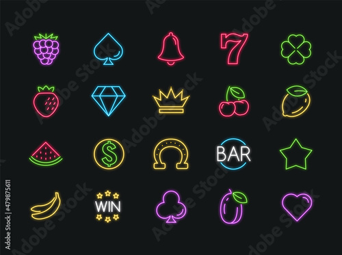 Neon casino slot icon set. Slot machine gamble neon symbol cherry fruit bar lucky casino vector light icons