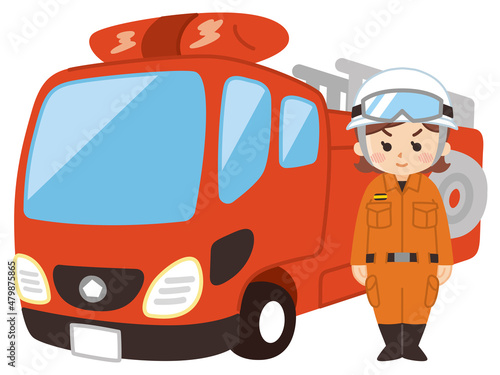 消防士の女性とはしご消防車