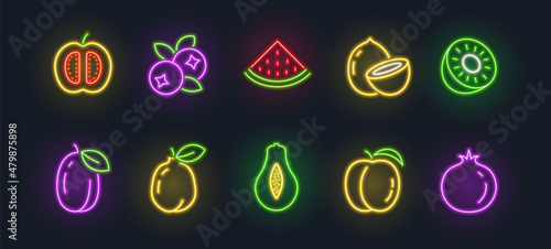 Neon fruit icon lemon peach apple food. Vector neon fruits sign isolated outline berry