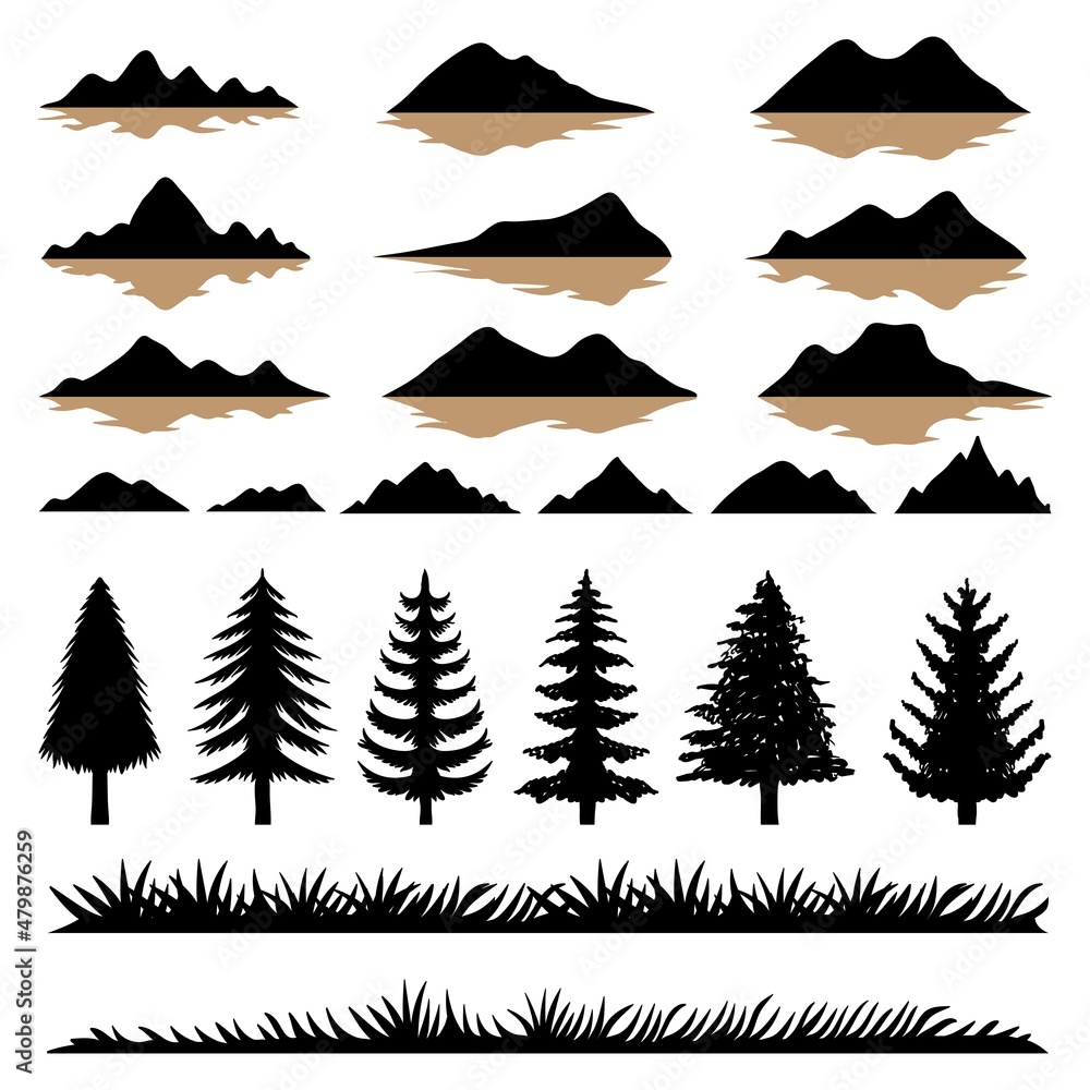 Obraz premium Mountain and tree slihouette set collection