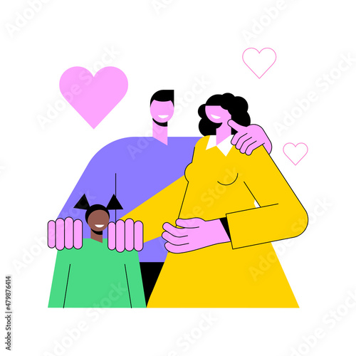 Adoption of a child abstract concept vector illustration. Child parenting, orphanage, adoptive parents, happy interracial family, single parent, african kid, same sex couple abstract metaphor.