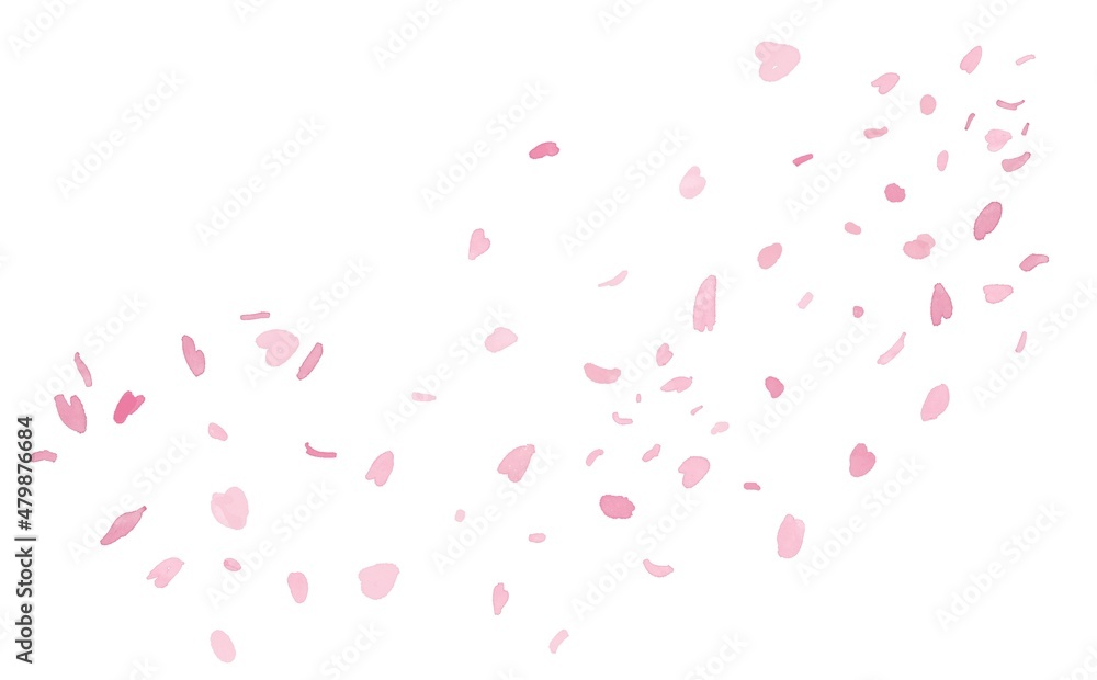 水彩画イラスト。舞う桜の花びら。桜の花びらの背景イラスト。Watercolor illustration. Dancing cherry blossom petals. Background illustration of cherry blossom petals.
