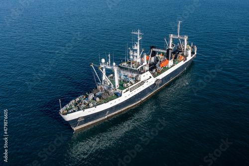 Large fishing sea trawler at sea.