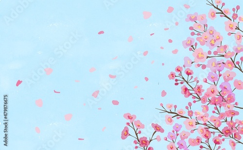                                                                                     Watercolor illustration. Cherry tree in full bloom. Sakura background in the blue sky. Petals dancing with cherry blossoms.