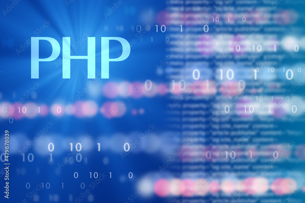 PHP programming. PHP logo next to binary. Hypertext Preprocessor. Personal Home Page. Software development with PHP. Programming training concept. Creation of web applications and sites. 3d image.