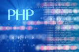 PHP programming. PHP logo next to binary. Hypertext Preprocessor. Personal Home Page. Software development with PHP. Programming training concept. Creation of web applications and sites. 3d image.