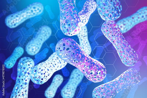microbiome of human body. Probiotics in immune system. Probiotic background. Microbiome elements on blue. Immune system of body. Human health background. Probiotics texture pattern. 3d rendering. photo
