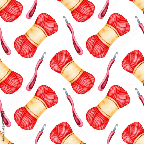 Watercolor illustration pattern of a skein of red yarn and a crochet hook. The wool curls up into a ball. Knitting tools. Seamless repeating print knitting, needlework, creativity, tangle. Isolated