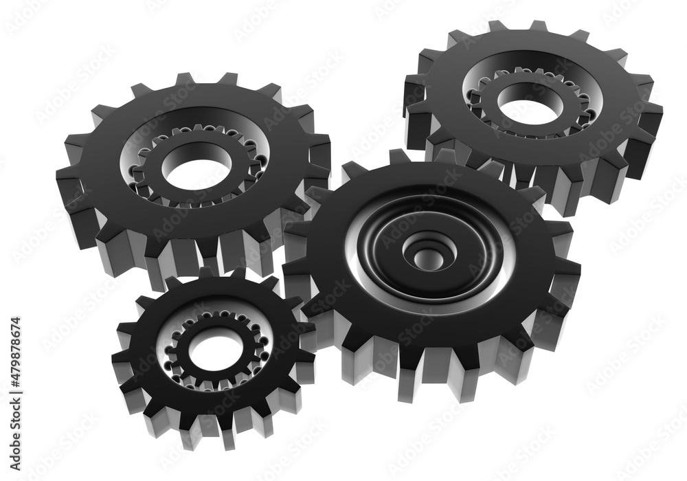 Gears set. Gears as metaphor for production. Manufacturing parts and mechanisms concept. Visualization of gears on white background. Black cogwheel. Three-dimensional Cogwheel mechanisms. 3d image. Gears set. Gears as metaphor for production. Manufacturing parts and mechanisms concept. Visualization of gears on white background. Black cogwheel. Three-dimensional Cogwheel mechanisms. 3d image.