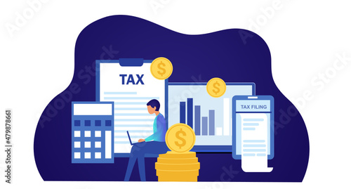 Online tax filing concept, businessman filling tax form documents online vector illustration 

