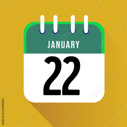  January day 22. Number twenty two on a white paper with green border on a yellow background calendar sheet. Vector illustration.