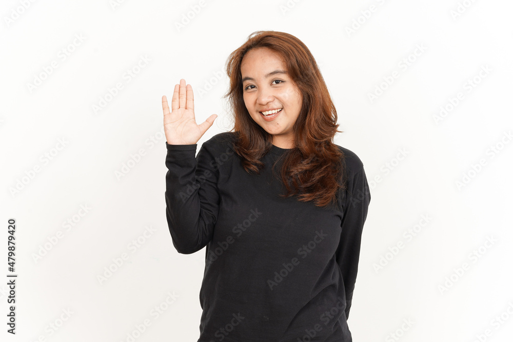 Hi Greeting on Camera Of Beautiful Asian Woman Wearing Black Shirt Isolated On White Background Hi Greeting on Camera Of Beautiful Asian Woman Wearing Black Shirt Isolated On White Background