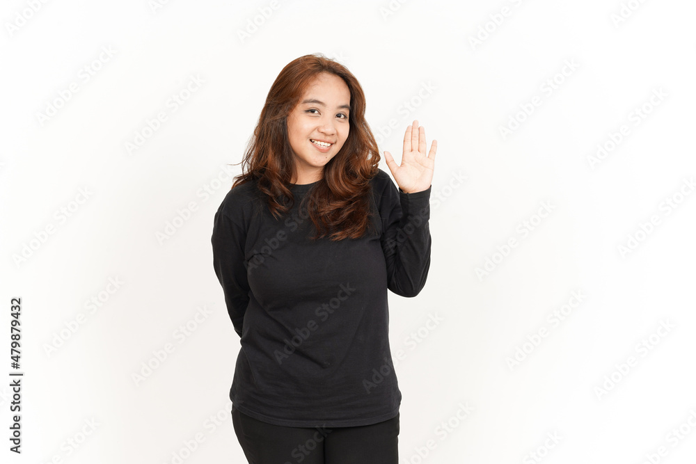 Hi Greeting on Camera Of Beautiful Asian Woman Wearing Black Shirt Isolated On White Background Hi Greeting on Camera Of Beautiful Asian Woman Wearing Black Shirt Isolated On White Background