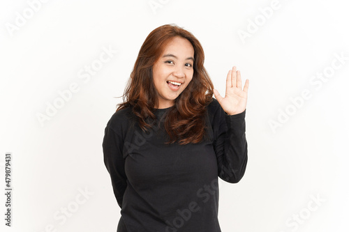 Hi Greeting on Camera Of Beautiful Asian Woman Wearing Black Shirt Isolated On White Background