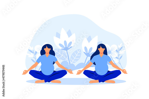 yoga body health benefits, mind and emotions, pregnant woman in yoga pose meditates, preparation for childbirth. flat vector illustration 