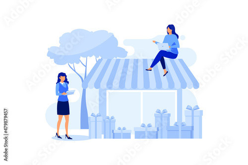 various shops, discounts, purchase of goods and gifts, investing in real estate, shopping concept flat vector illustration 