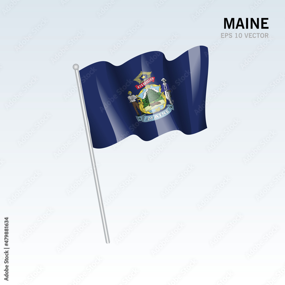 Waving flag of Maine state of United States of America on gray background Waving flag of Maine state of United States of America on gray background