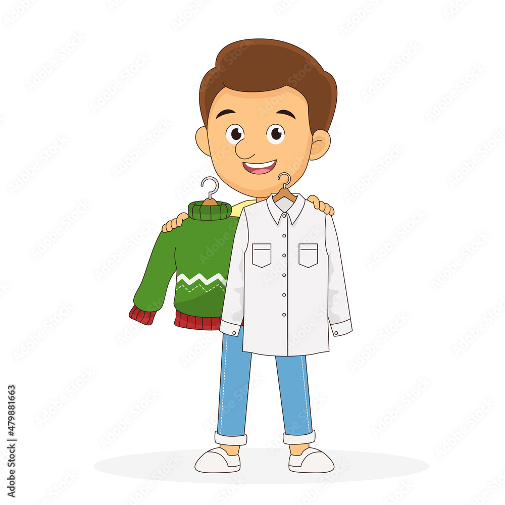 Young man chooses clothes on hanger on shopping Young man chooses clothes on hanger on shopping