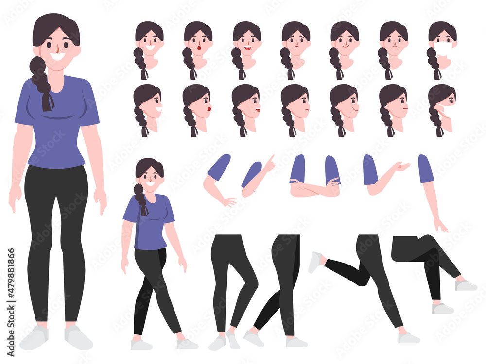 Young woman character for animated, Creation people with emotions face animation mouth. Flat vector design.
