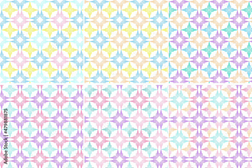 Geometric seamless patterns with colorful lines and shapes