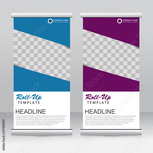 Roll up banner stand template design. Vertical banner template. Universal stand for conference, seminar, exhibitions, promo banner vector background. Modern publication x-banner and flag-banner.