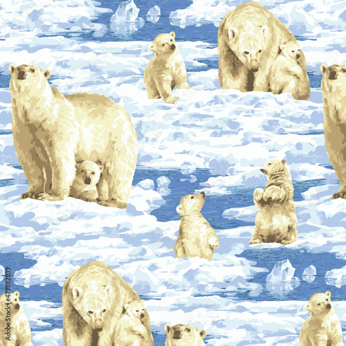 family of bears in the melting arctic, seamless repeat design.