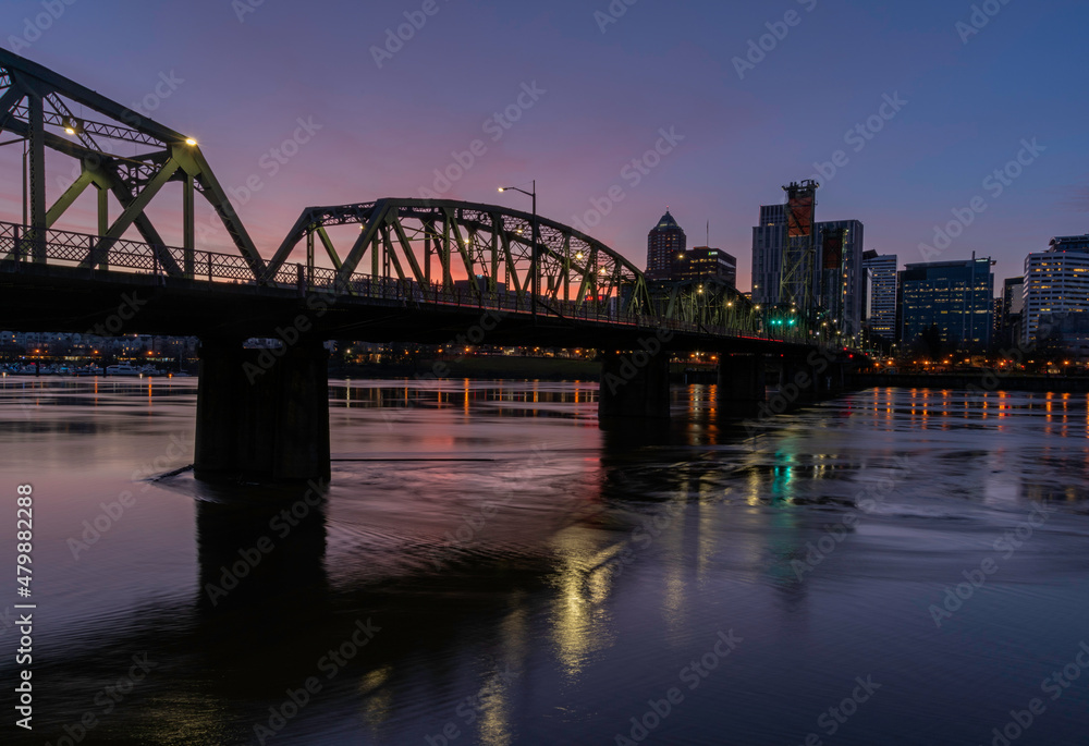 The Hawthorne Bridge and Willamette River at Portland, Oregon, Taken at Sunset
