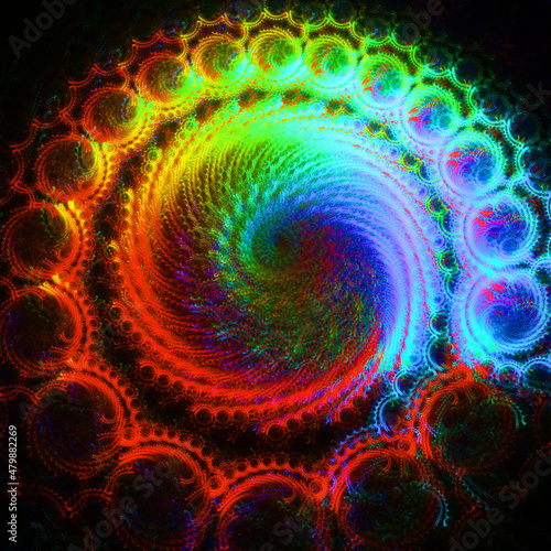 Creación de arte digital fractal compuesto de formas circulares coloridas en patrones repetitivos con aspecto de ser una especie de espiral creadora de esferas energéticas.
