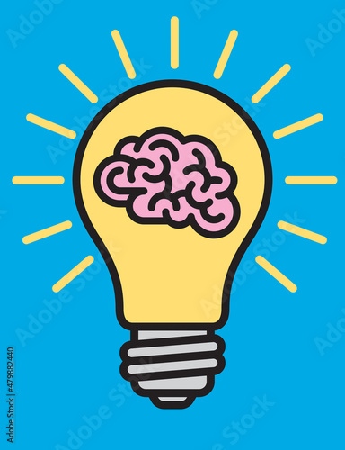 Light bulb with brain inside idea graphic.
Vector illustration of illuminated light bulb combined with human brain for idea or eureka concept.