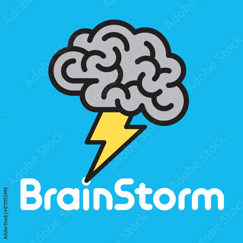 Brainstorm Idea concept illustration with brain and lightening bolt.
Vector illustration of brain logo or badge with lightning and custom lettering for brainstorm.