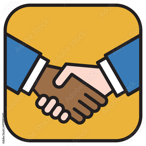Handshake icon or logo business concept.
Vector illustration of Caucasian and African American businessmen shaking hands in greeting or agreement.