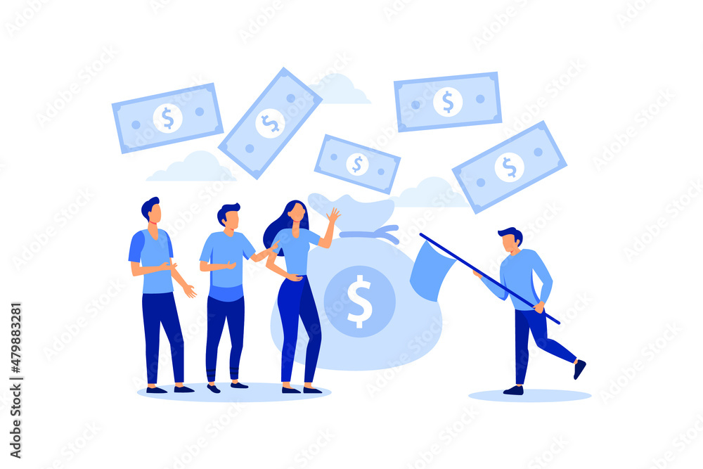 character catches money with a net, the expression is money for the wind flat vector illustration character catches money with a net, the expression is money for the wind flat vector illustration