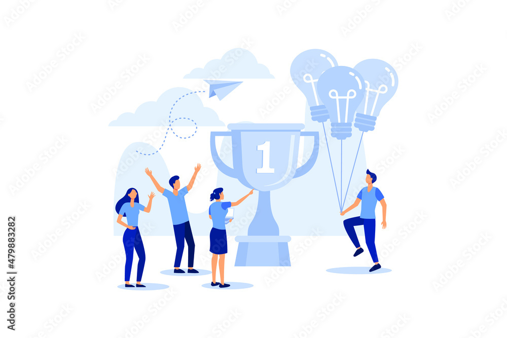 observation through a telescope standing on top of a cup, move up motivation, path to achieving a goal flat vector illustration 