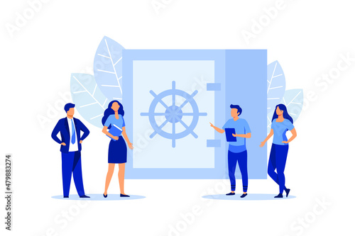 closed bank safe, dollars in a deposit box and a cash bag, safe savings, a money deposit, bank employees, investing money on an account flat vector  illustration 