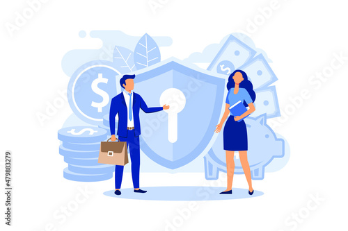 concept of money protection, financial saving insurance, safe business economy flat vector illustration 