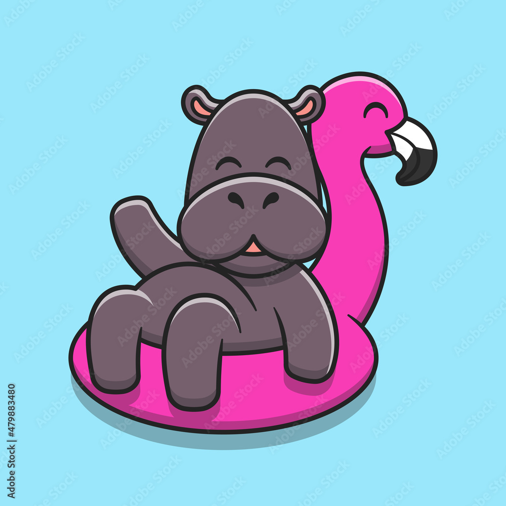 Fototapeta premium Cute hippo wearing inflatable flamingo swimming balloon cartoon icon illustration
