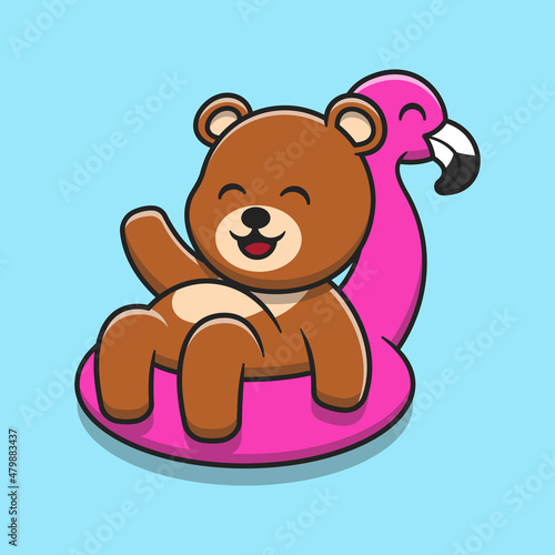 Cute bear wearing inflatable flamingo swimming balloon cartoon icon illustration