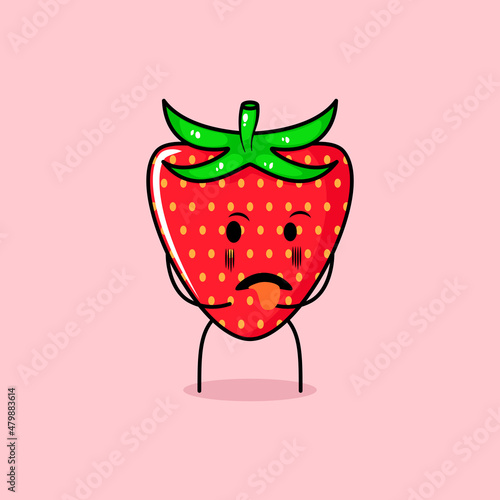 cute strawberry character with disgusting expression and tongue sticking out. green and red. suitable for emoticon, logo, mascot and icon