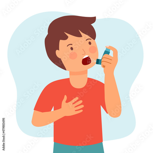 Boy child using asthma inhaler against allergic attack in flat design. Breathing treatment.