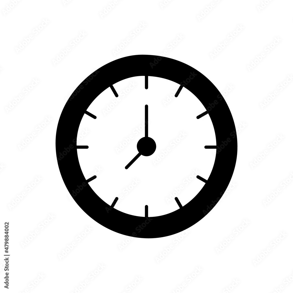 Clock Icon in black flat glyph, filled style isolated on white background Clock Icon in black flat glyph, filled style isolated on white background