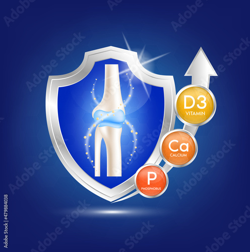 label aluminum healthy bone human bone anatomy. Vitamin D3 and Calcium, Phosphorus. Foods vitamins minerals logo products template design. Medical food supplement concepts. 3D Realistic Vector EPS10.