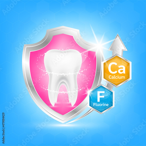 label aluminum healthy tooth. Teeth healthy sparkling white with calcium and fluorine. Can be used in children dentist clinic. Medical health and dentistry concept. Vector EPS10.