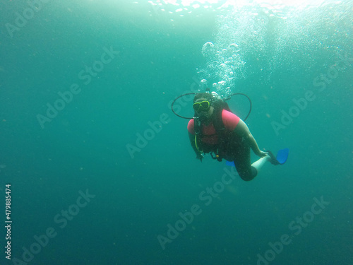 Wallpaper Mural Young woman practices the sport scuba diving with oxygen tank equipment, visor, fins, relaxes and enjoys the bottom of the crystal clear water next to large branches and trunks
 Torontodigital.ca
