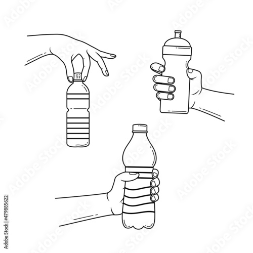 Various poses of hands holding a bottle doodle hand drawn vector illustration