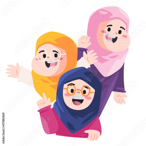 Girls children laughing have fun smile together female Islam wearing veil hijab