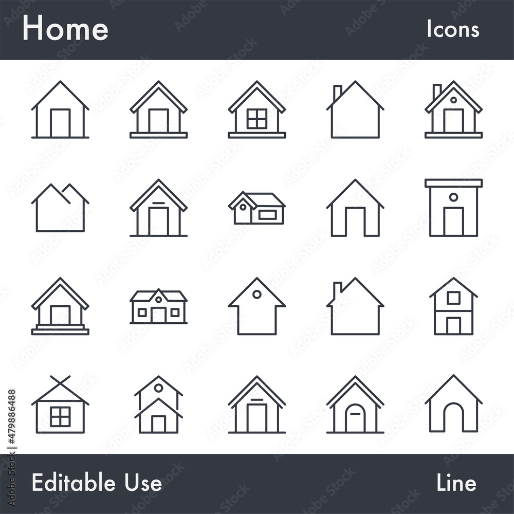 Home vector line icon set. Contains linear outline icons like House, Roof, Residential, Cottage, Real Estate, Dwelling. Editable use and stroke for Infographic, Web, Print.
