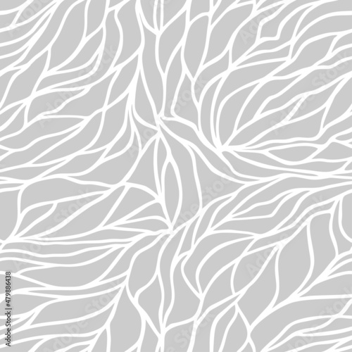 Petals pattern with white wavy lines and scrolls on light gray background. Abstract linear leaves, organic texture. Art Deco design style. Seamless vector for textile, fabric and wrapping